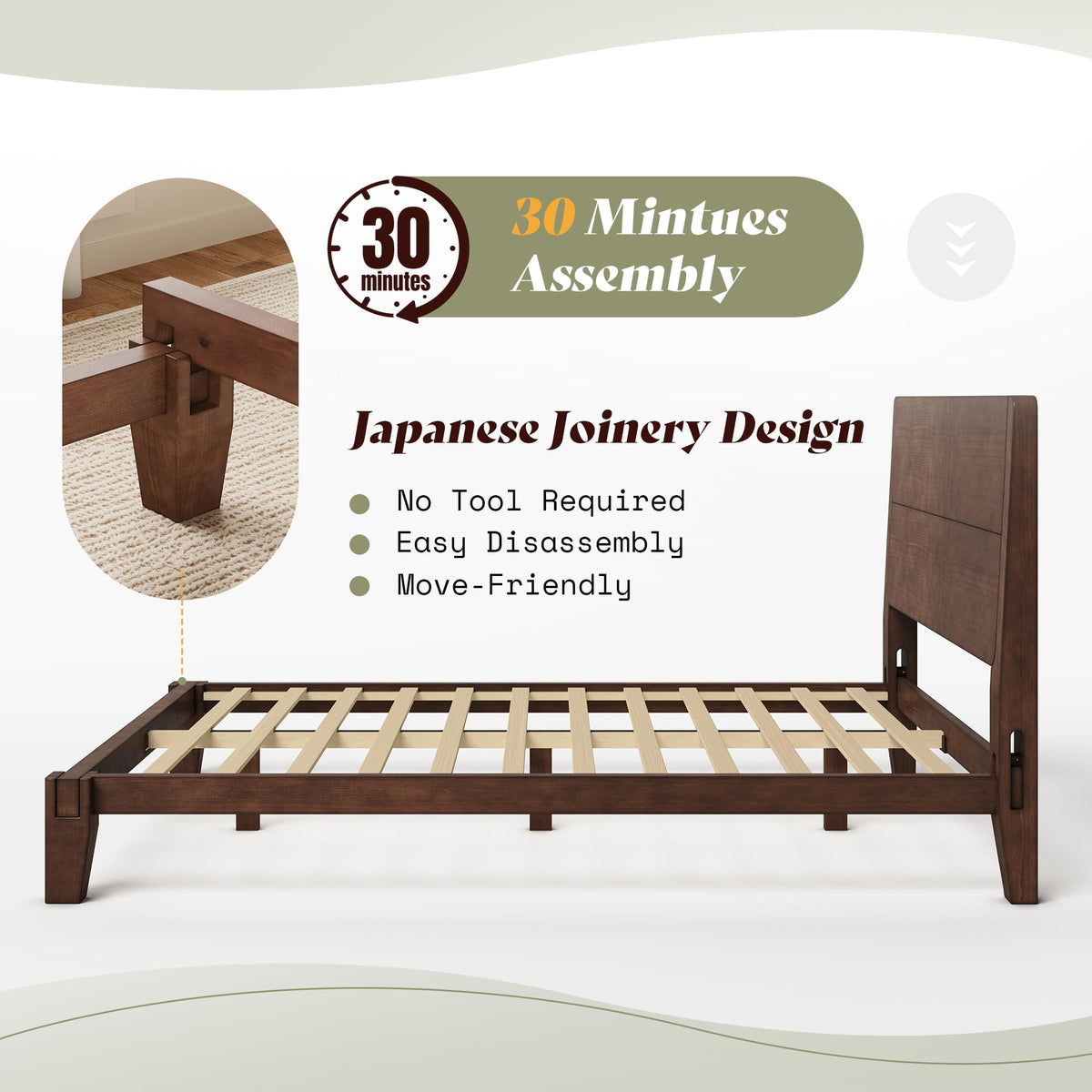 Japanese Joinery Solid Wood King Bed Frame-Full-Dark Walnut