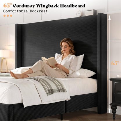 Cordelle Corduroy Wingback Bed Frame-King-Black
