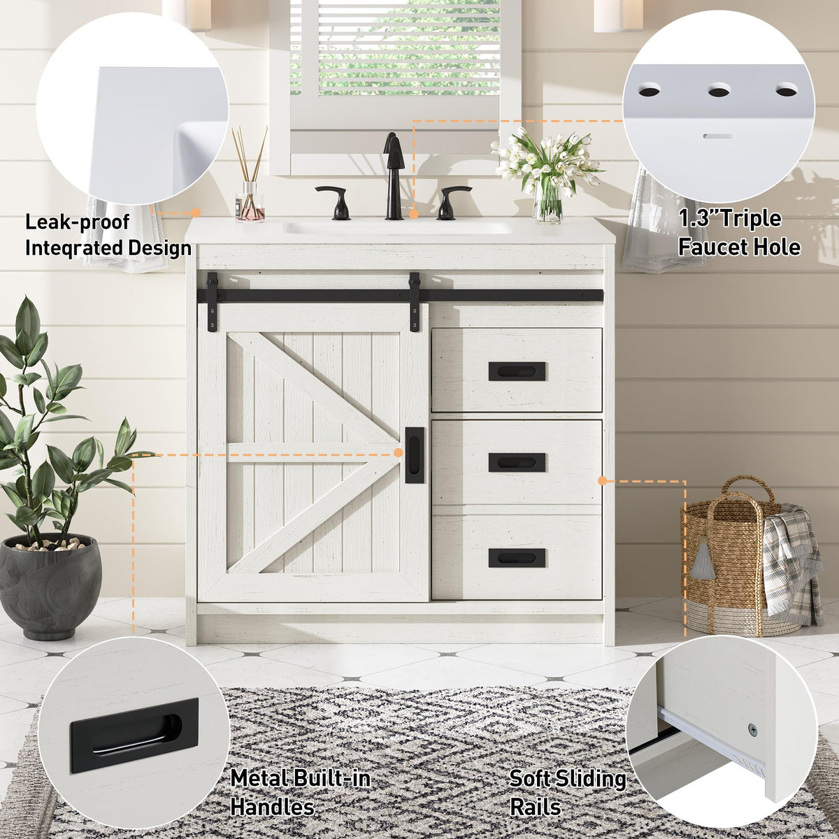 Bourbon Sliding Barn Vanity 36 inch Rustic White