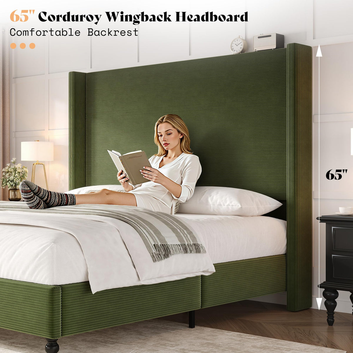 Cordelle Corduroy Wingback Bed Frame-King-Green