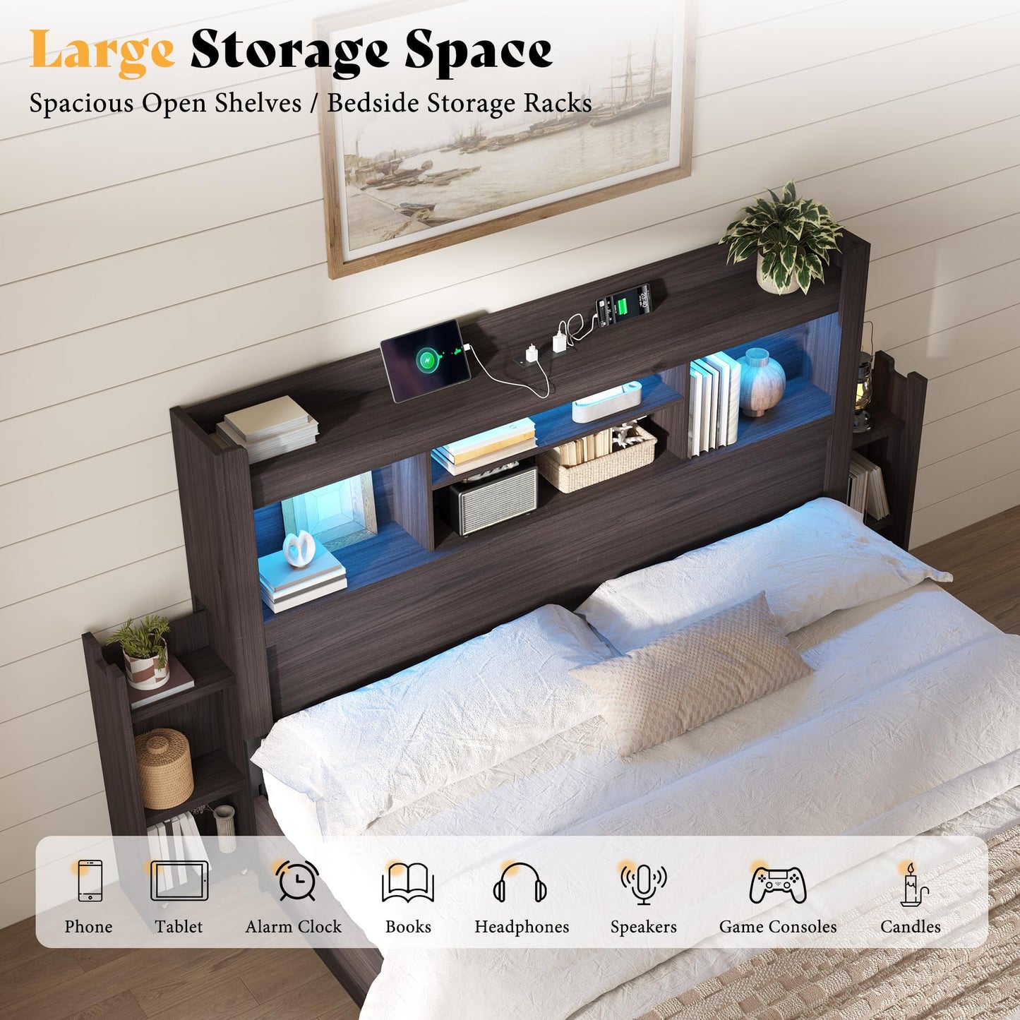 Farmhouse King Headboard with Storage & LED Lighting-Black Oak-Queen