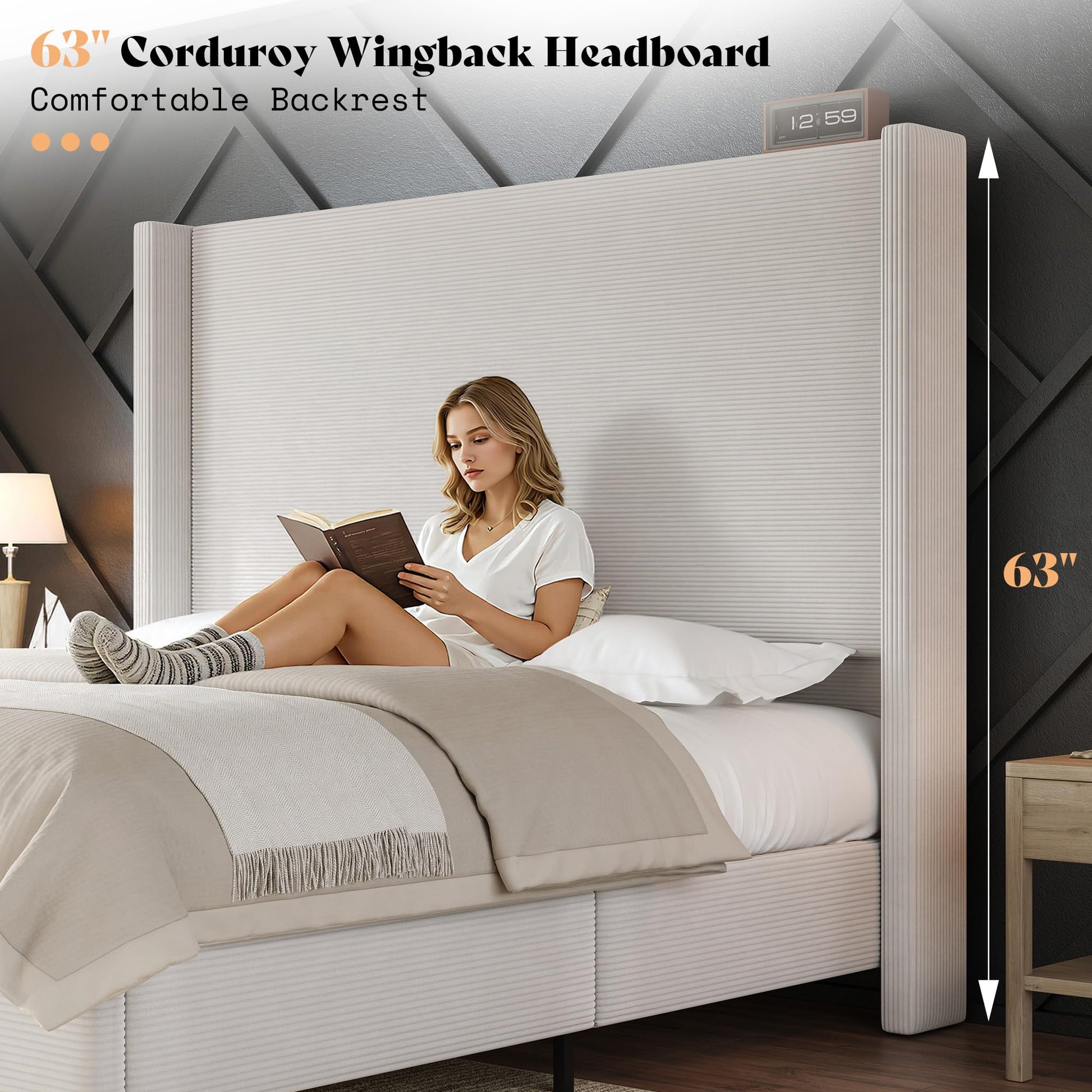 Cordelle Corduroy Wingback Bed Frame-Queen-Cream