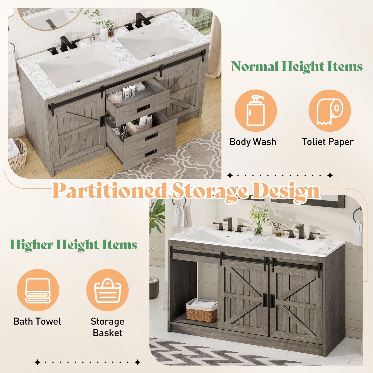 Bourbon Sliding Barn Vanity 60 inch Light Grey