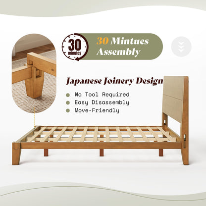 Japanese Joinery Solid Wood King Bed Frame-Full-Brown Walnut