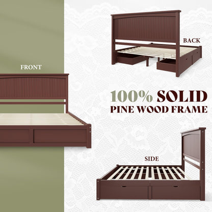 Solid Wood Platform Bed Frame-Queen-Espresso Brown