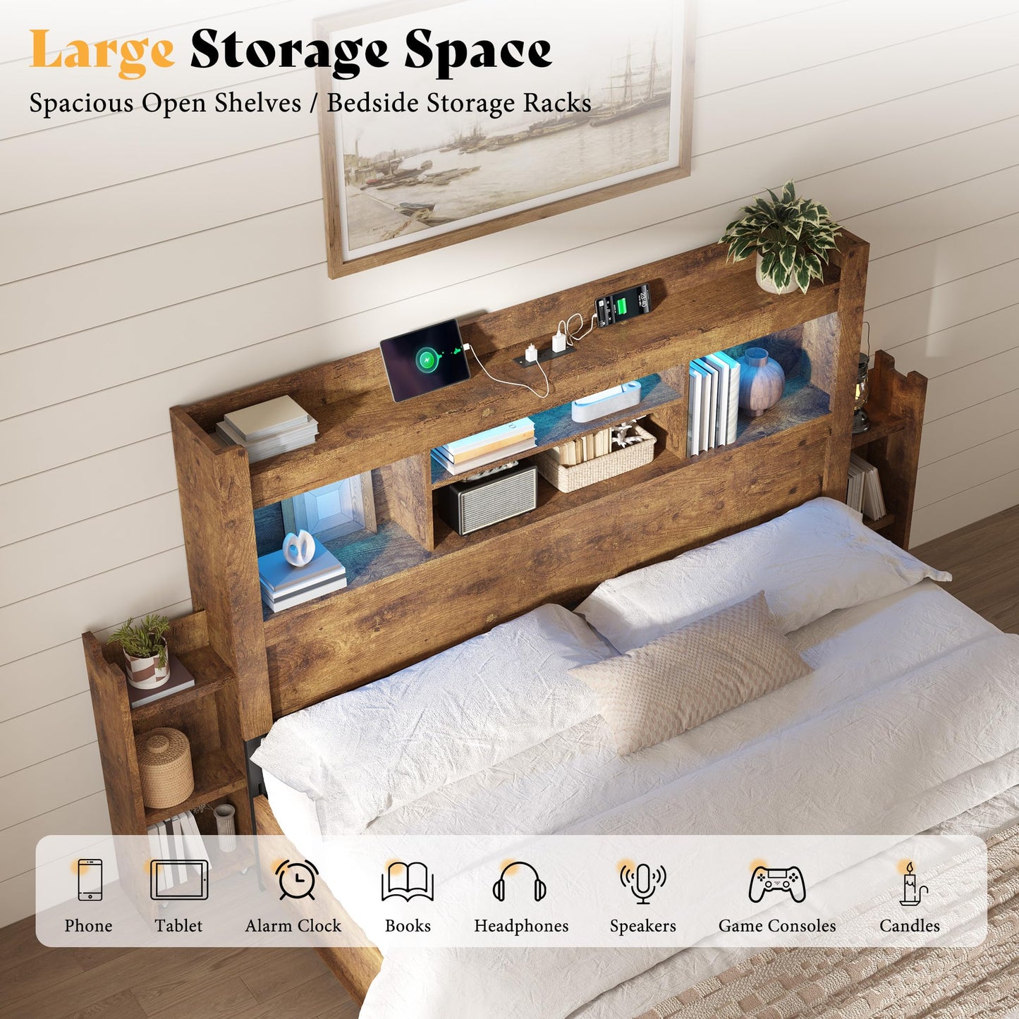 Farmhouse King Headboard with Storage & LED Lighting-Rustic Brown-Queen