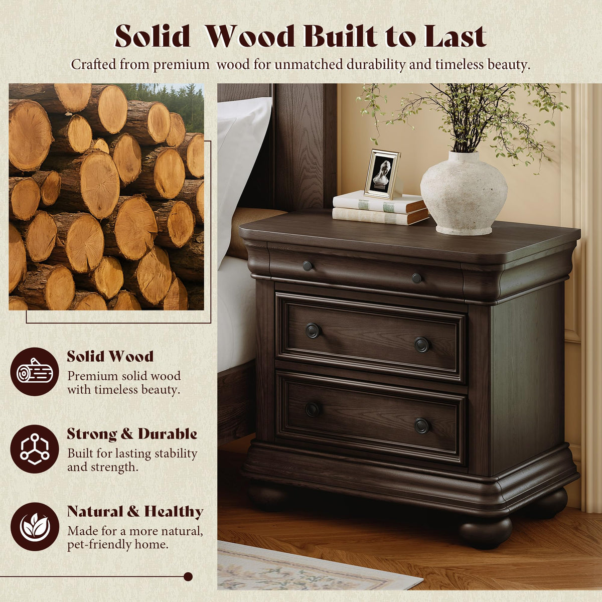 Bun Fully Assembly Wood Nightstand-26"-1PC-Dark Walnut
