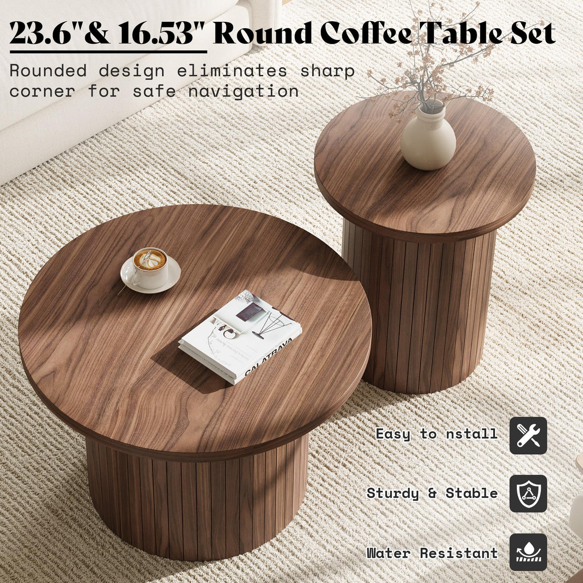Briar Round Nesting Coffee Table Set with Full Fluted Design-Walnut