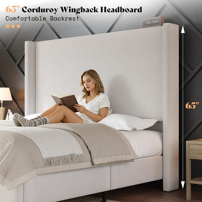 Cordelle Corduroy Wingback Bed Frame-California King-Cream