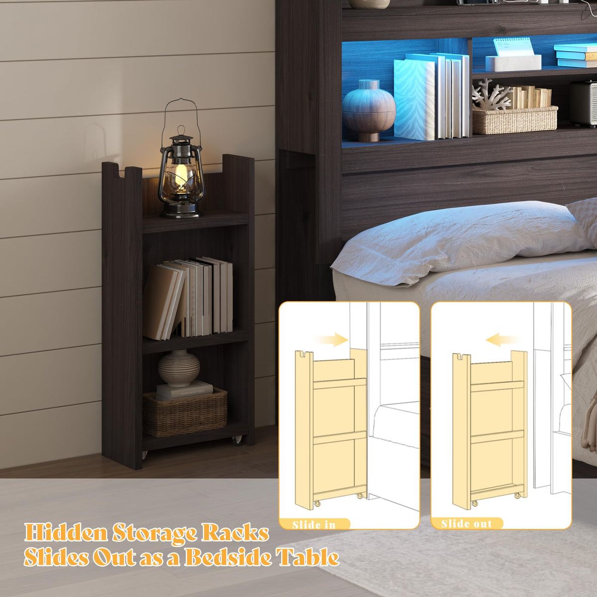 Farmhouse King Headboard with Storage & LED Lighting-Black Oak-King