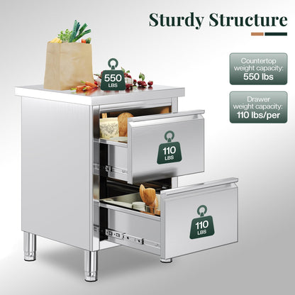 Stainless Steel Work Table with Cabinet & Drawers-24" x 24" x 34" - Double Drawer Cabinet