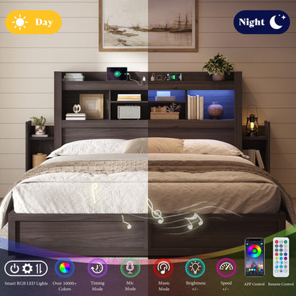 Farmhouse King Headboard with Storage & LED Lighting-Black Oak-King