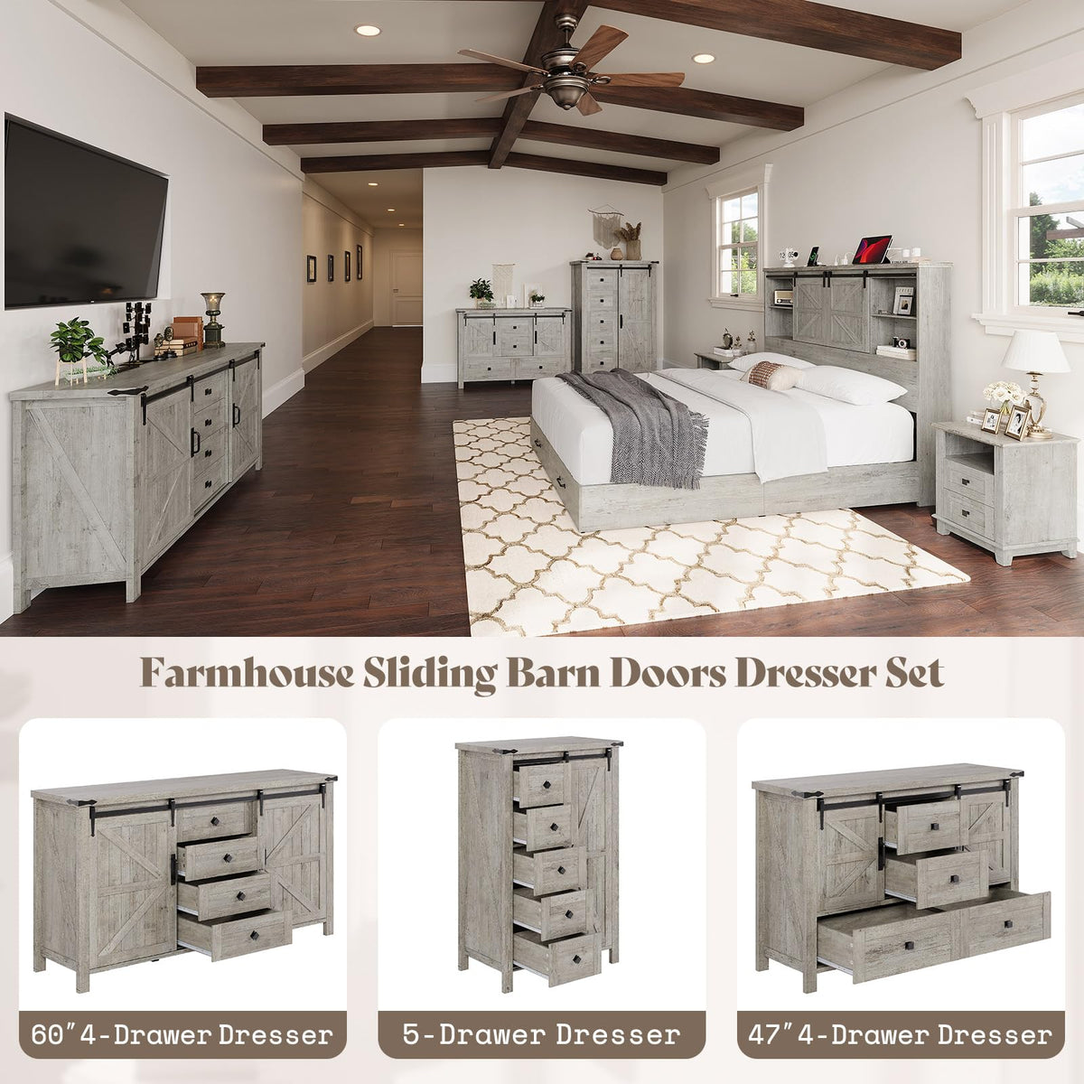 Marlowe Farmhouse Dresser with Drawers-15.8"D x 60"W x 31"H (4 Drawers)-Light Rustic Oak