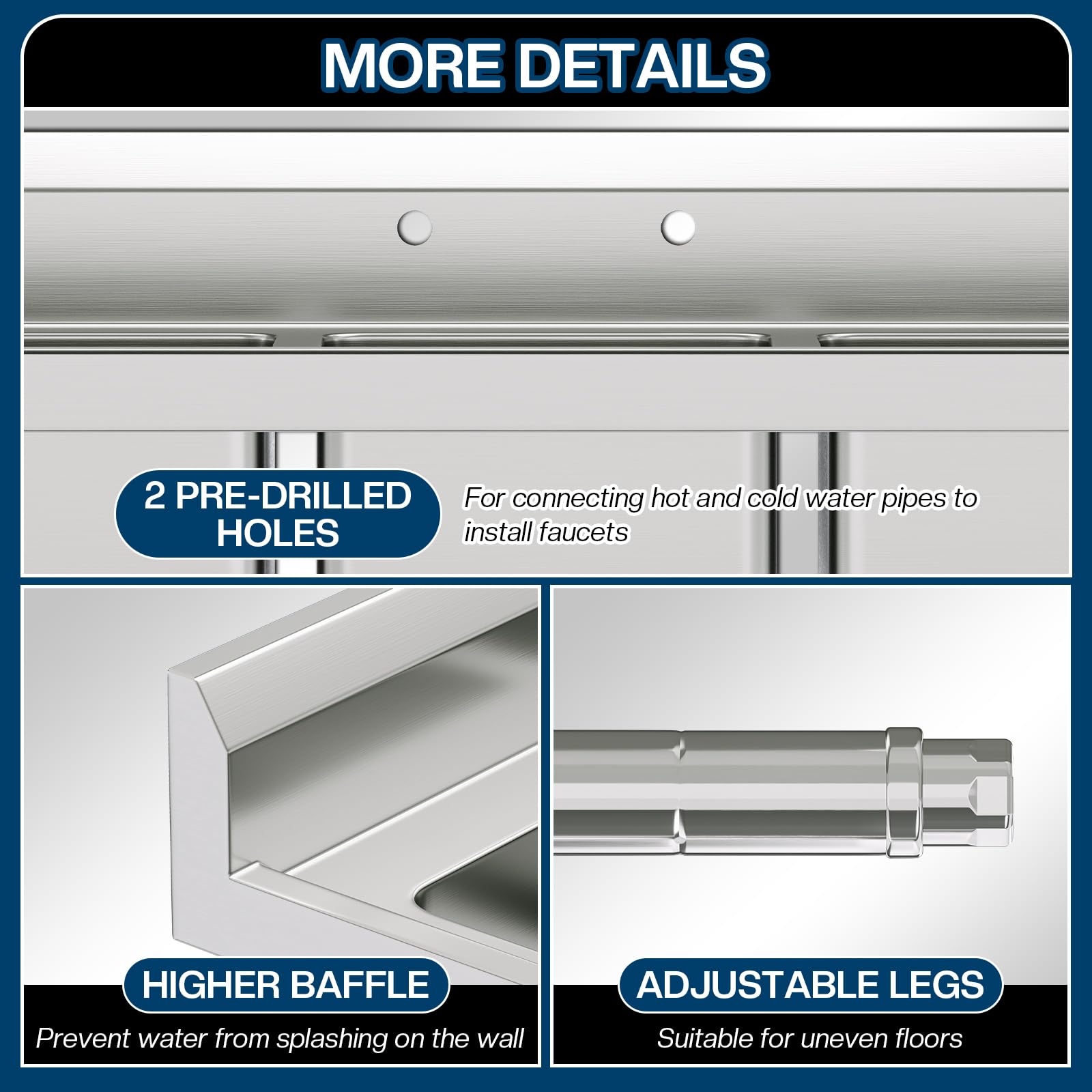 Plinth Stainless Steel Utility Sink with Faucet & Storage-Triple-Bowl