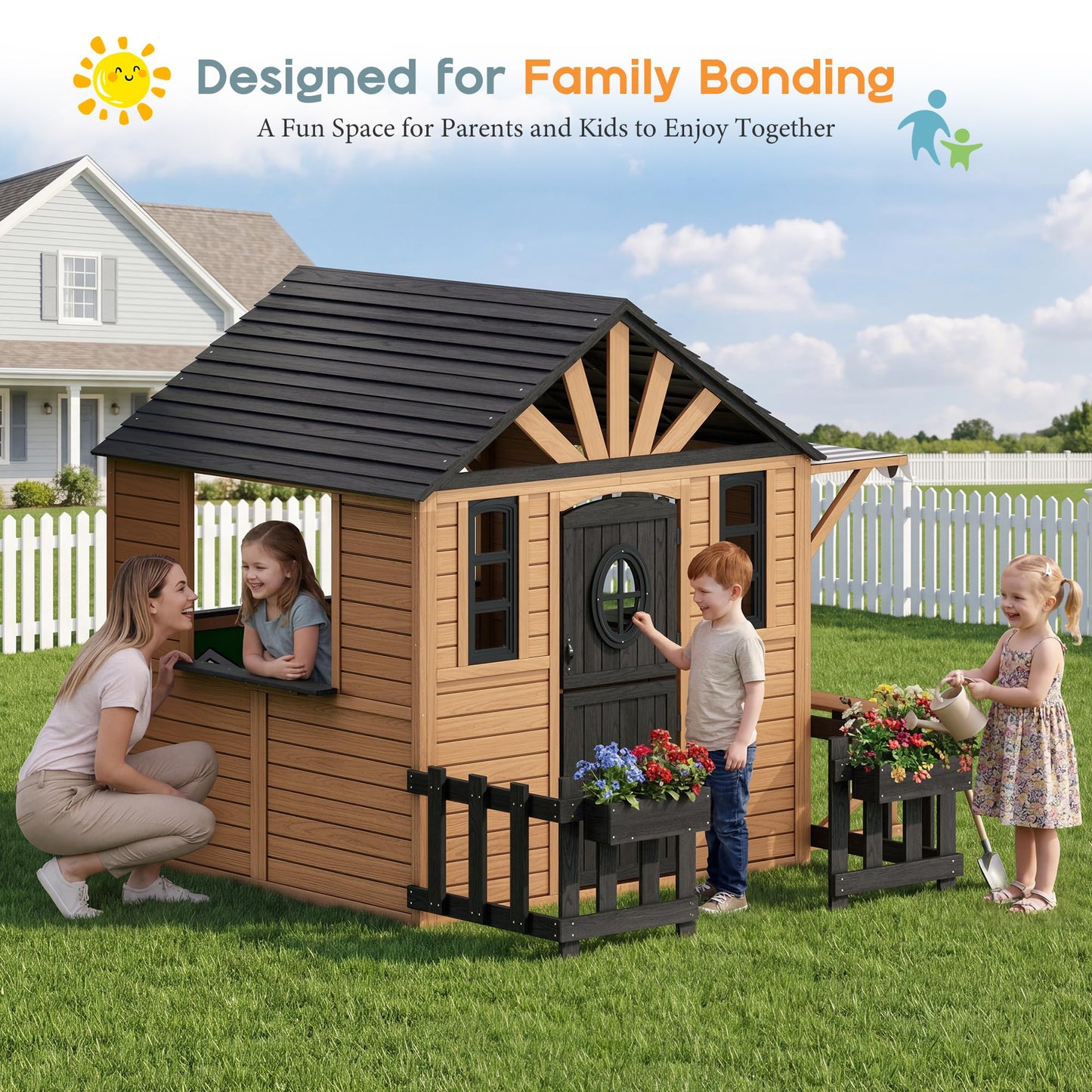 Wooden Outdoor Playhouse for Kids with Kitchen-Brown-81.9" L x 83.9" W x 64.8" H