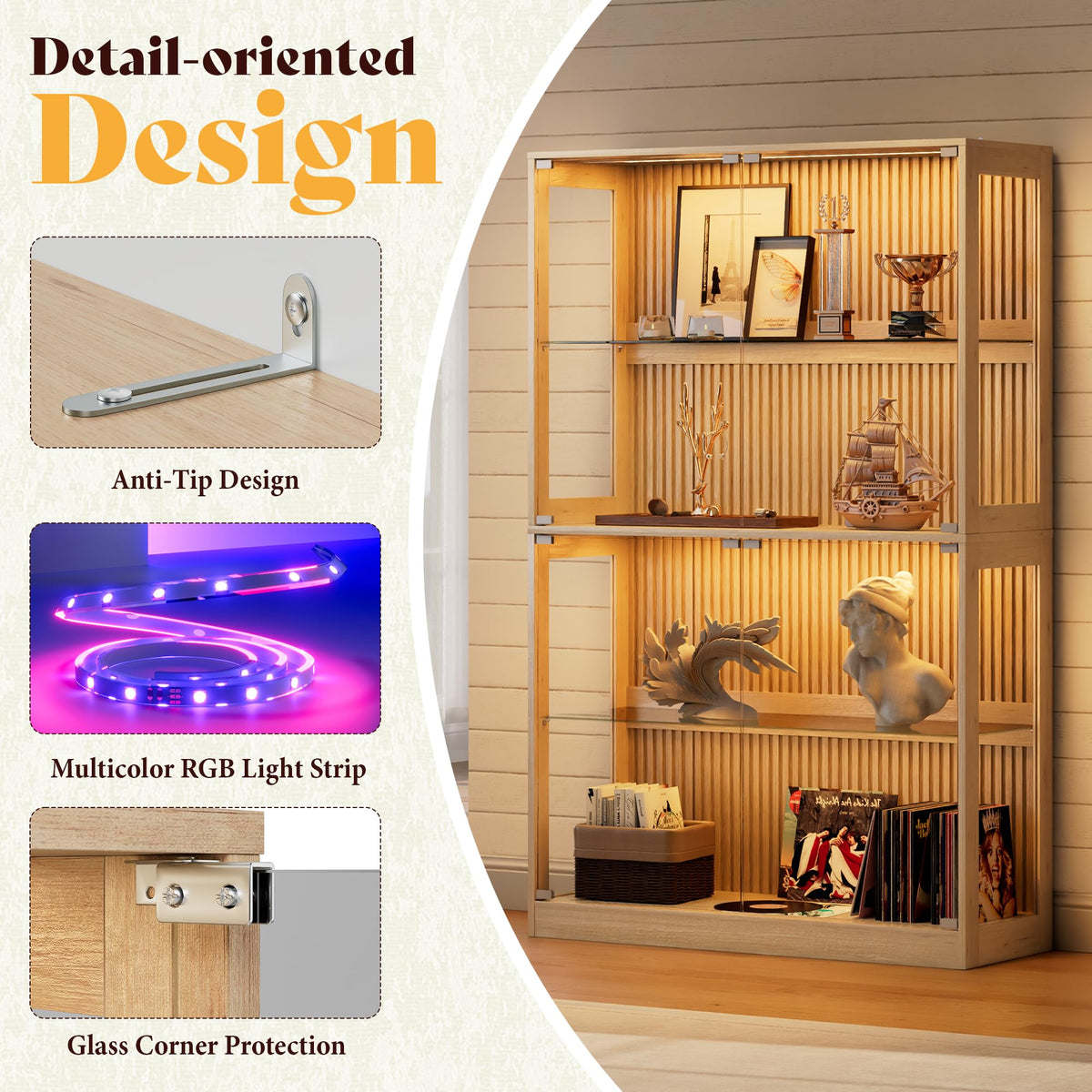 RGB Display Cabinet with Adjustable Glass Shelves Amerlife Wood / 45x16x70in