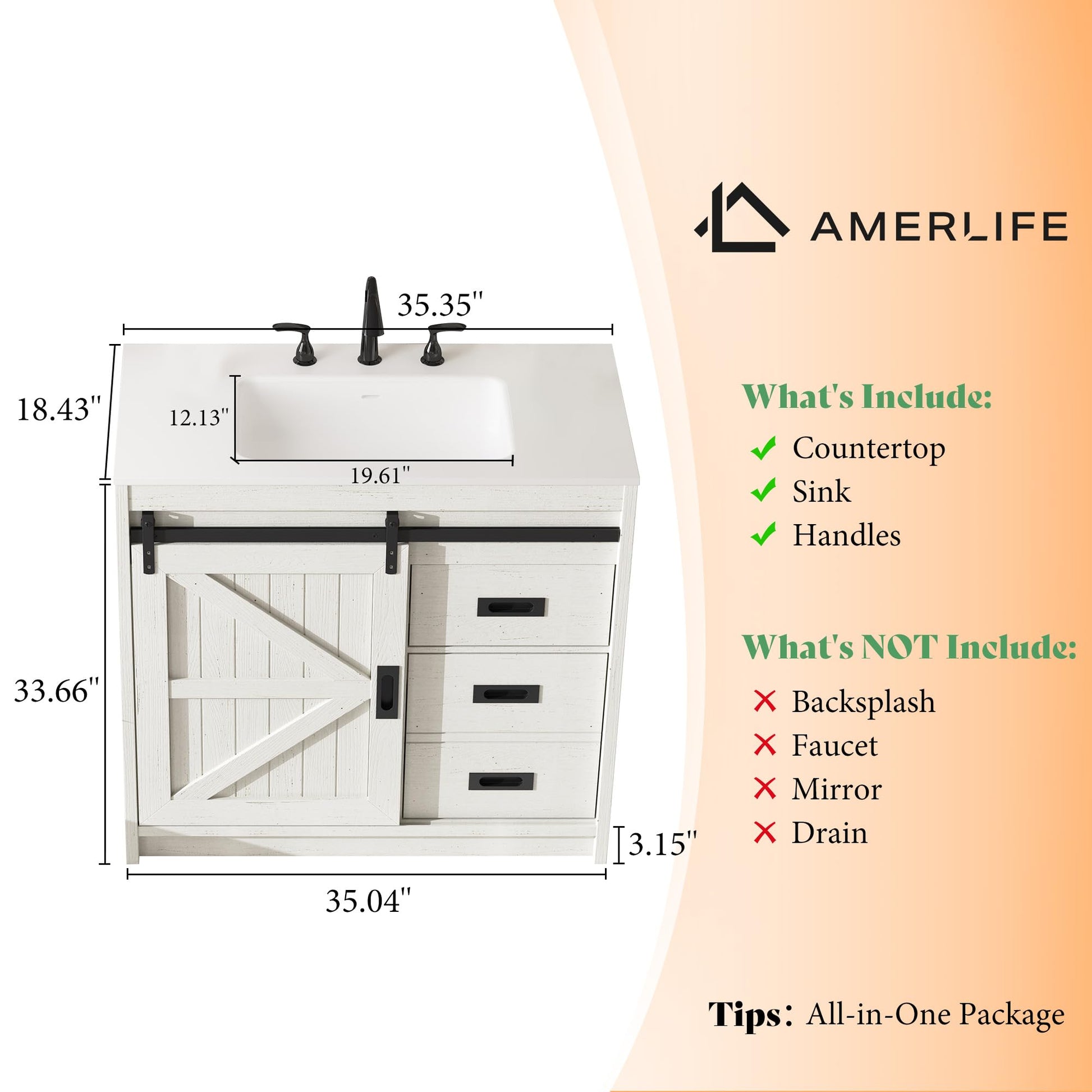 Bourbon Sliding Barn Vanity 36 inch Rustic White