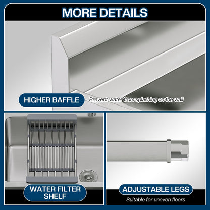 Plinth Stainless Steel Utility Sink with Faucet & Storage-Plinth Stainless Steel Utility Sink with Faucet & Storage-Single Bowl with Right Worktop