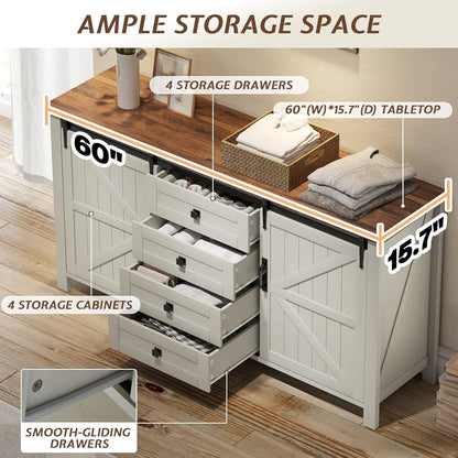 Marlowe Farmhouse Dresser with Drawers-15.8"D x 60"W x 31"H (4 Drawers)-Distressed White