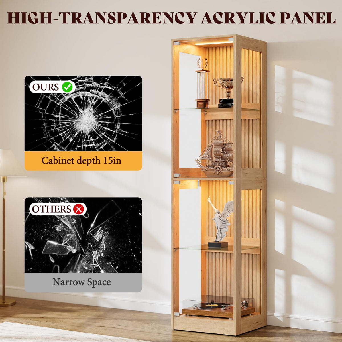 RGB Display Cabinet with Adjustable Glass Shelves Amerlife Wood / 16x16x70in