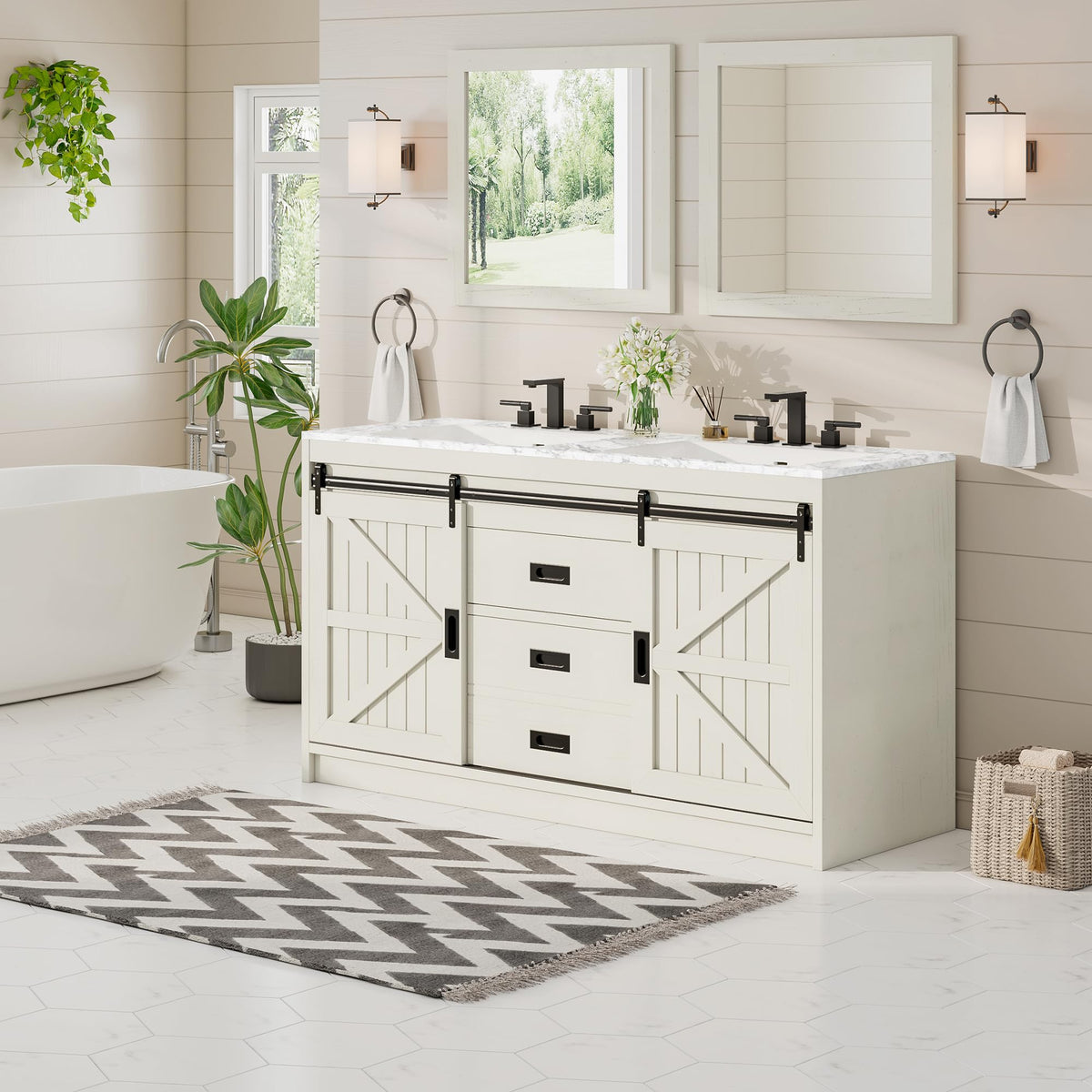 Bourbon Sliding Barn Vanity 60 inch Rustic White