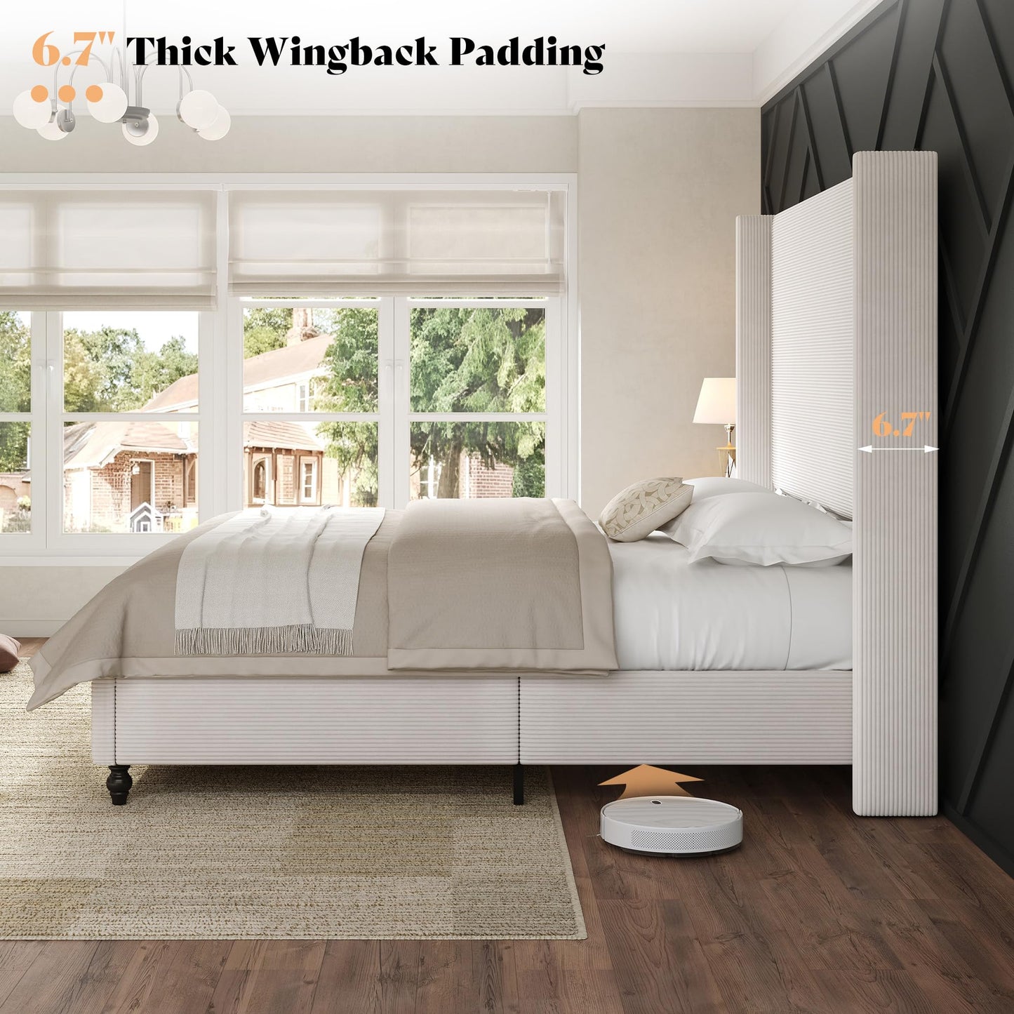 Cordelle Corduroy Wingback Bed Frame-California King-Cream