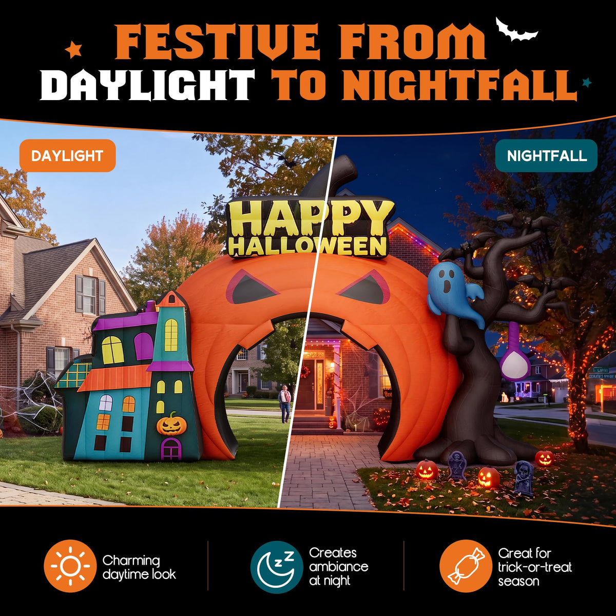 Giant Halloween Inflatable Ghost & Pumpkin-Pumpkin Arch-19.7 FT