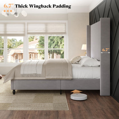 Cordelle Corduroy Wingback Bed Frame-California King-Light Grey