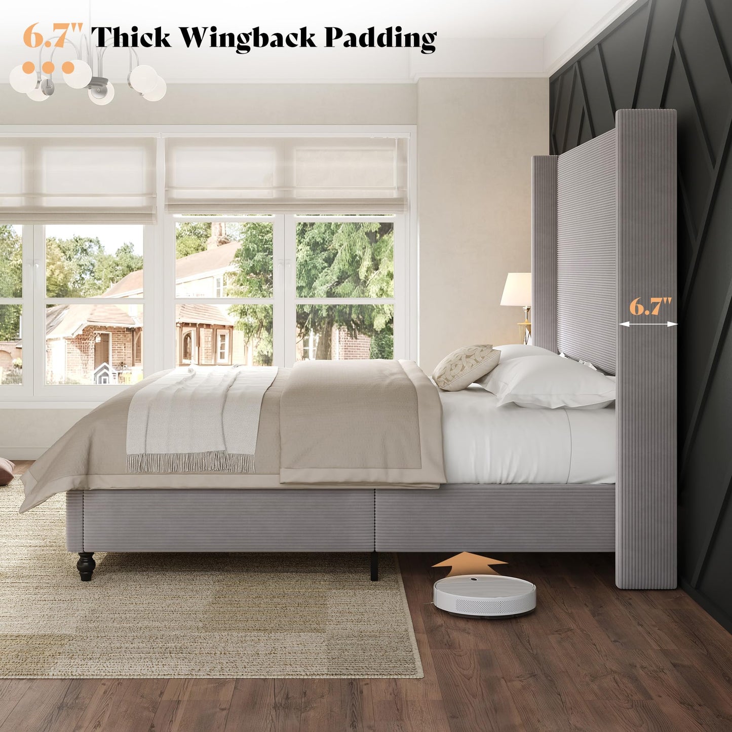 Cordelle Corduroy Wingback Bed Frame-Queen-Light Grey