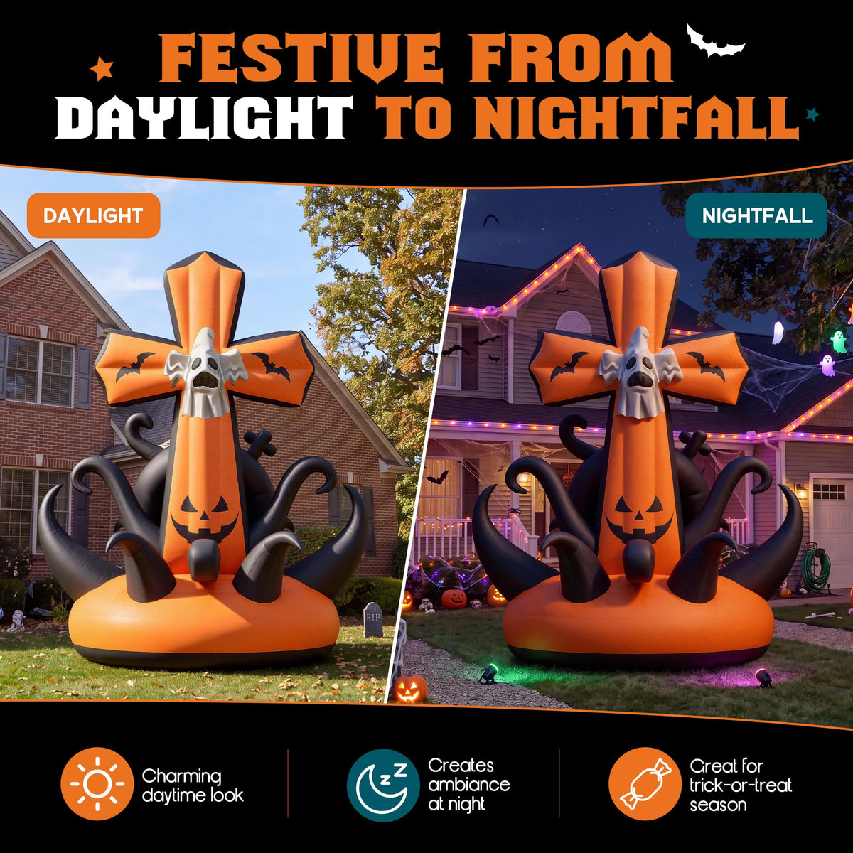 Giant Halloween Inflatable Ghost & Pumpkin-Pumpkin Cross-32.8 FT