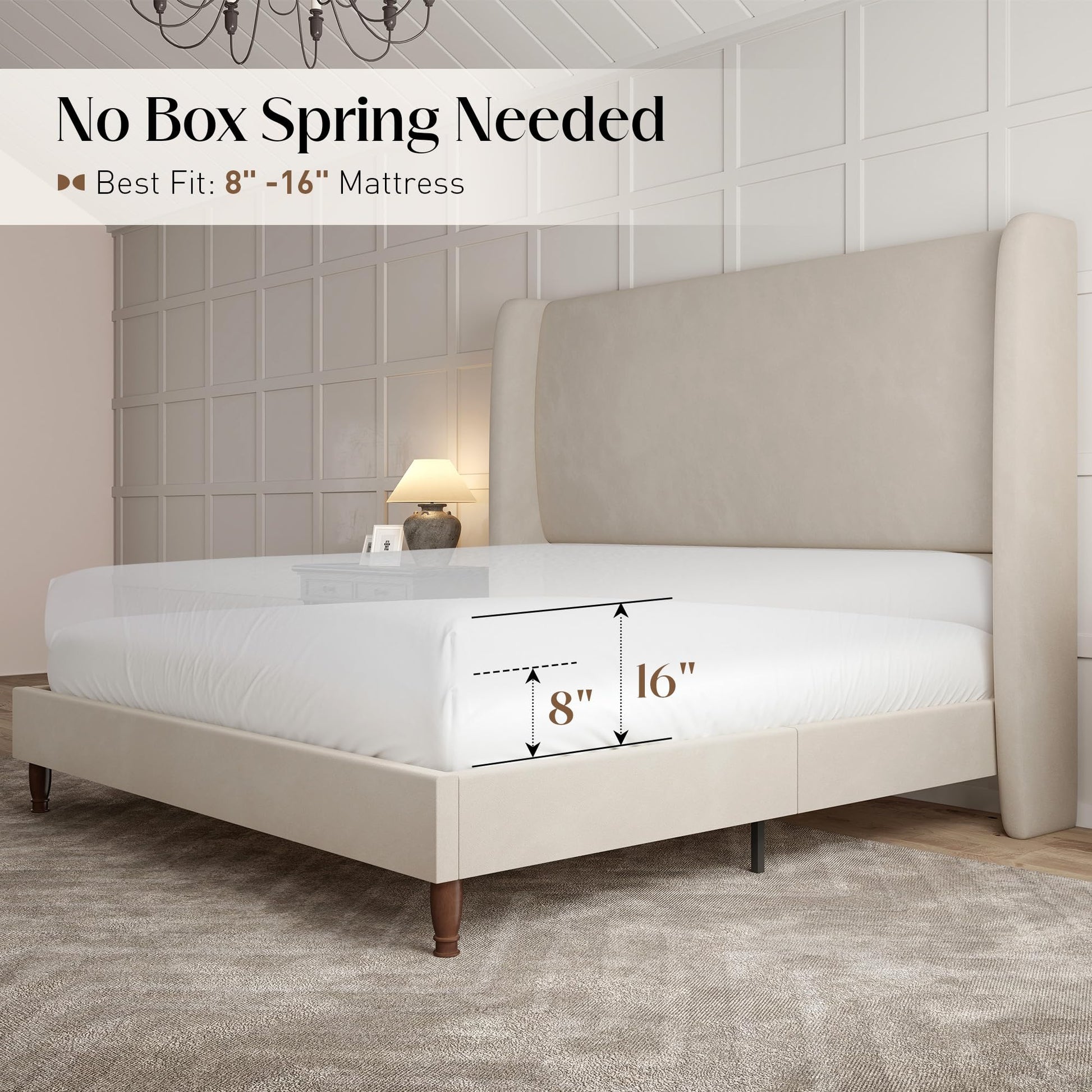 Tall Upholstered Bed Frame with Wingback Headboard-Full-Off-white