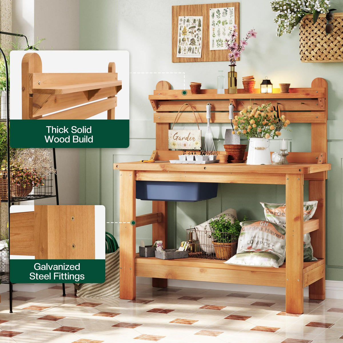 Coop Outdoor Solid Wood Potting Bench-Natural Wood