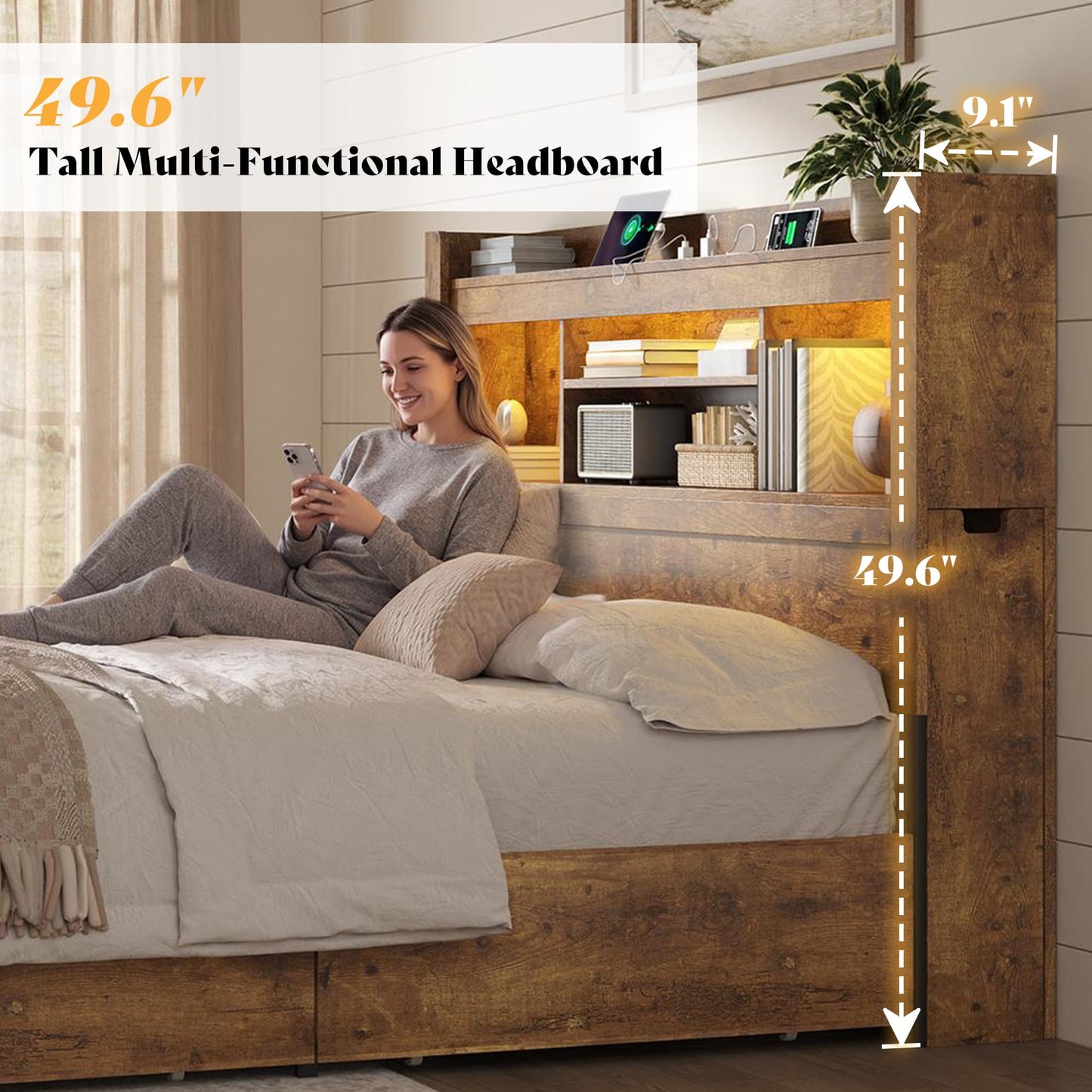 Farmhouse King Headboard with Storage & LED Lighting-Rustic Brown-Queen