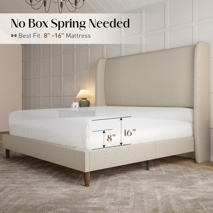 Tall Upholstered Bed Frame with Wingback Headboard-Full-Off-white