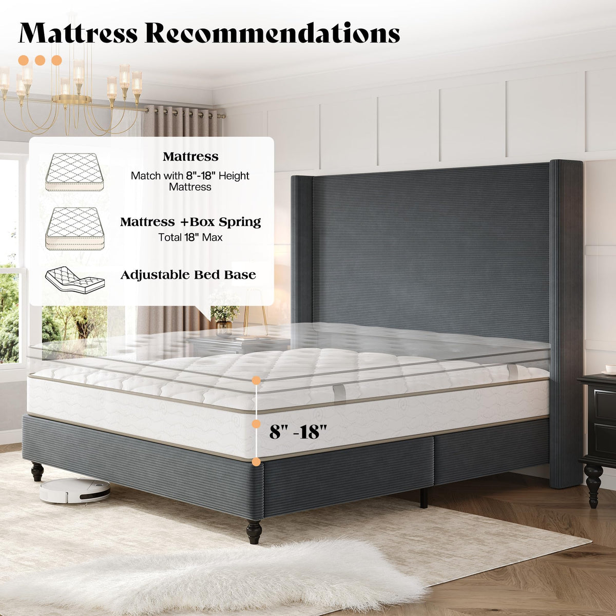 Cordelle Corduroy Wingback Bed Frame-Queen-Dark Grey