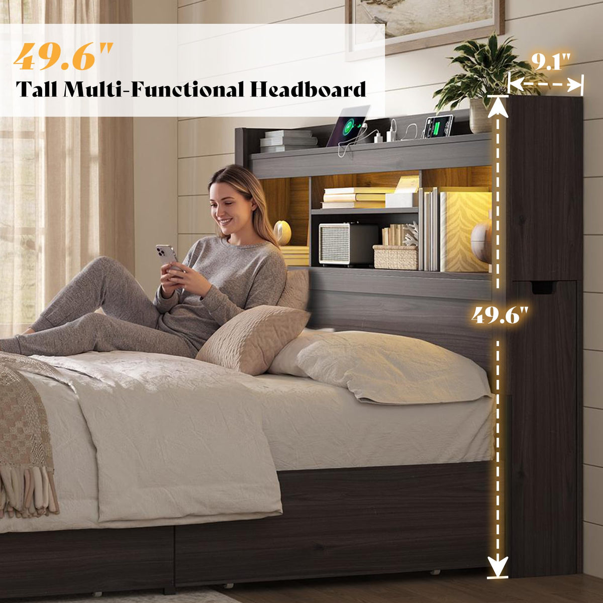 Farmhouse King Headboard with Storage & LED Lighting-Black Oak-Queen