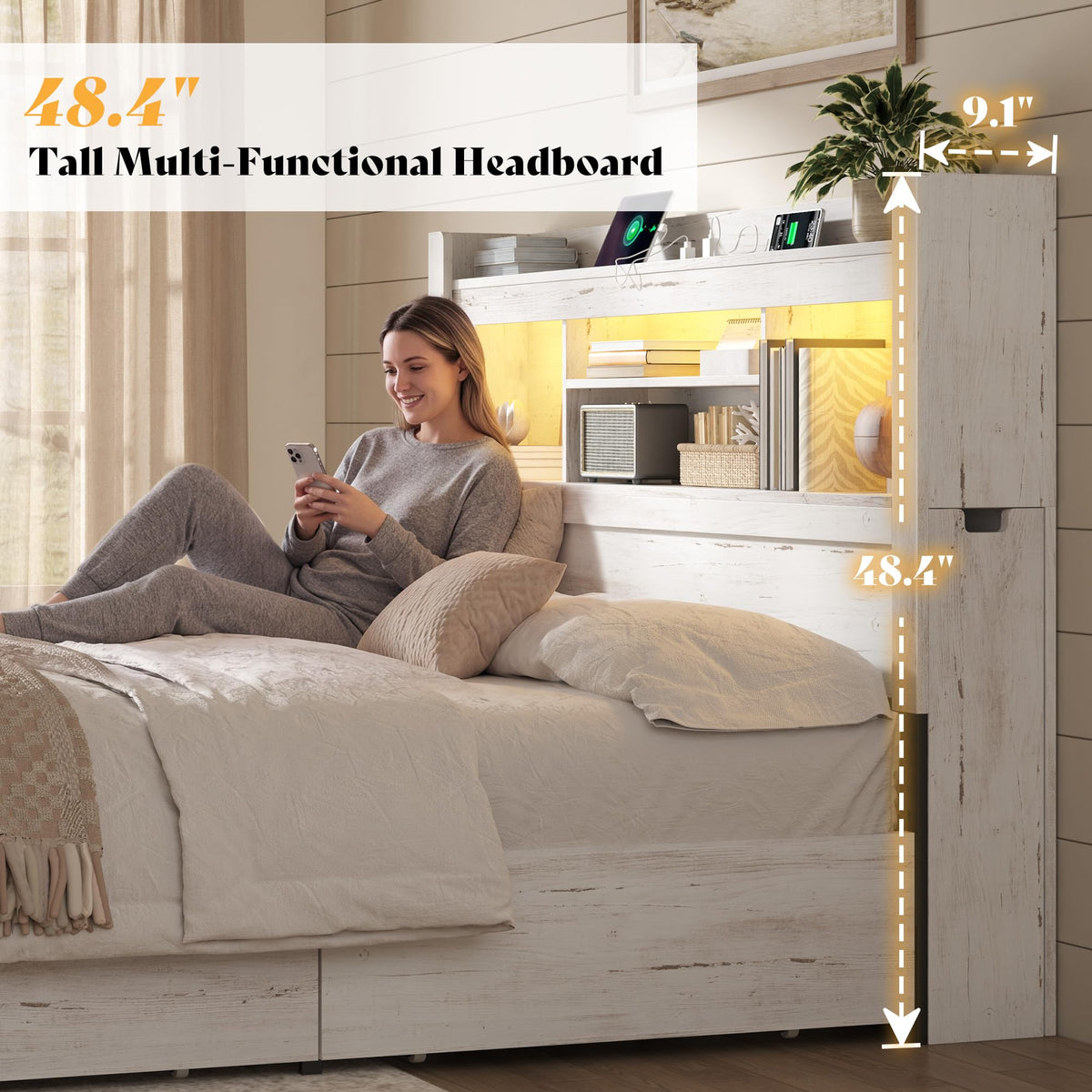 Farmhouse King Headboard with Storage & LED Lighting-Distressed White-Queen