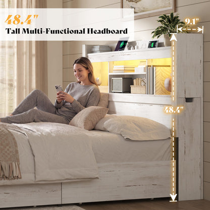 Farmhouse King Headboard with Storage & LED Lighting-Distressed White-Queen