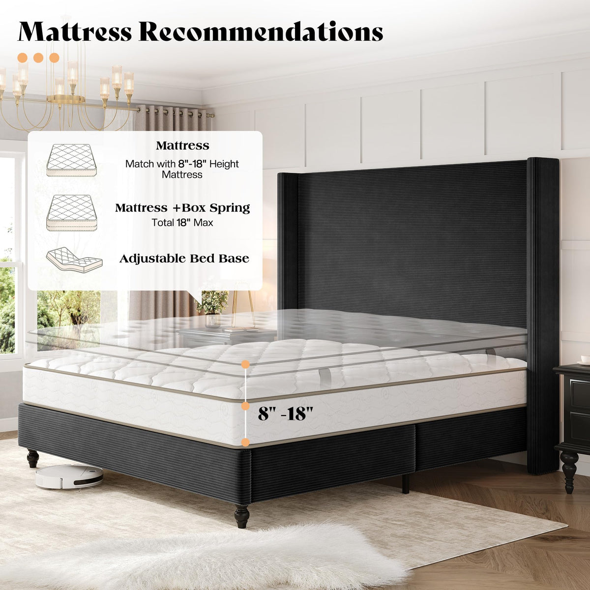 Cordelle Corduroy Wingback Bed Frame-Queen-Black