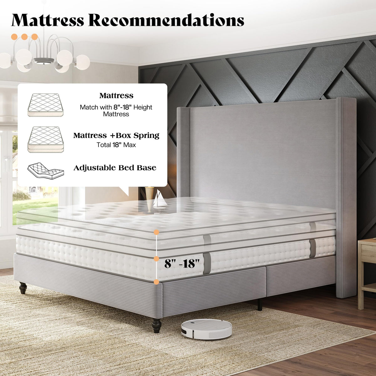 Cordelle Corduroy Wingback Bed Frame-King-Light Grey