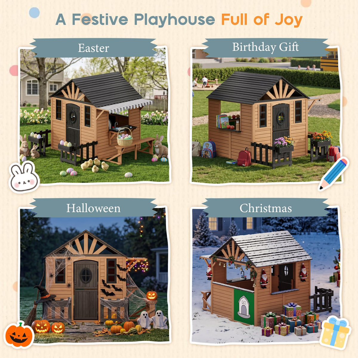 Wooden Outdoor Playhouse for Kids with Kitchen-Brown-81.9" L x 83.9" W x 64.8" H