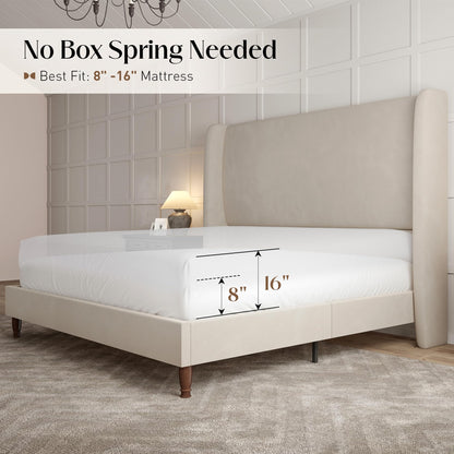 Tall Upholstered Bed Frame with Wingback Headboard-Queen-Off-white