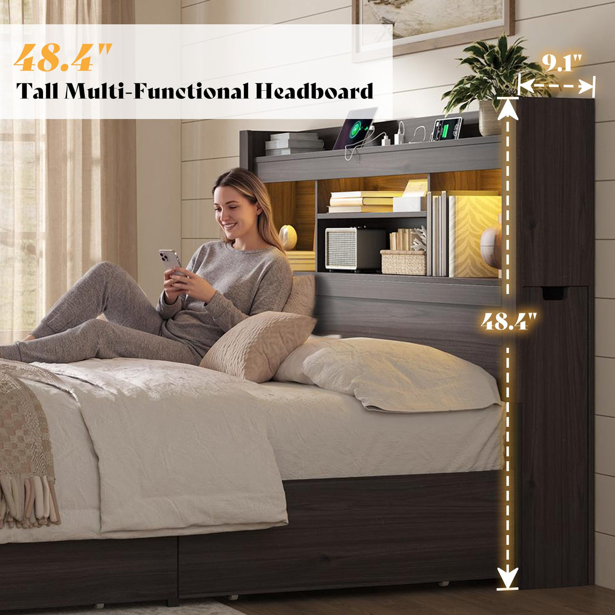 Farmhouse King Headboard with Storage & LED Lighting-Black Oak-King