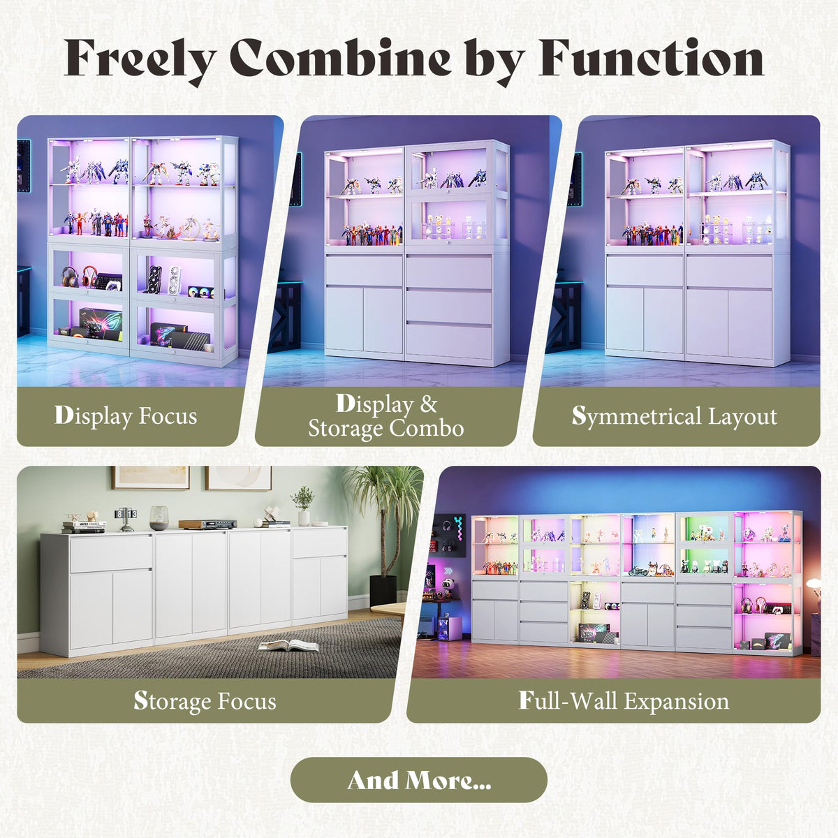 Amerlife Modular Glass Display Cabinet-2-Door & 1-Drawer Cabinet-White