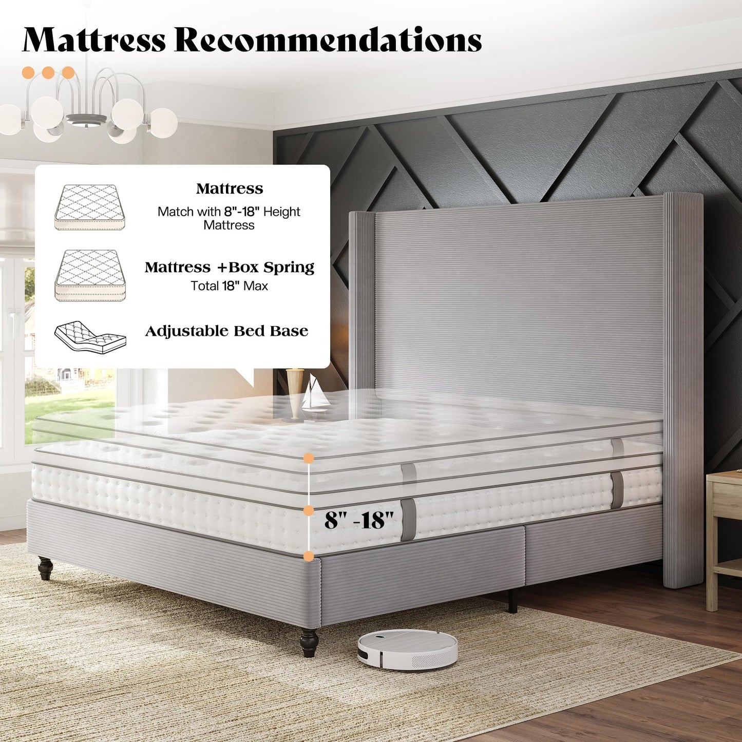 Cordelle Corduroy Wingback Bed Frame-Queen-Light Grey