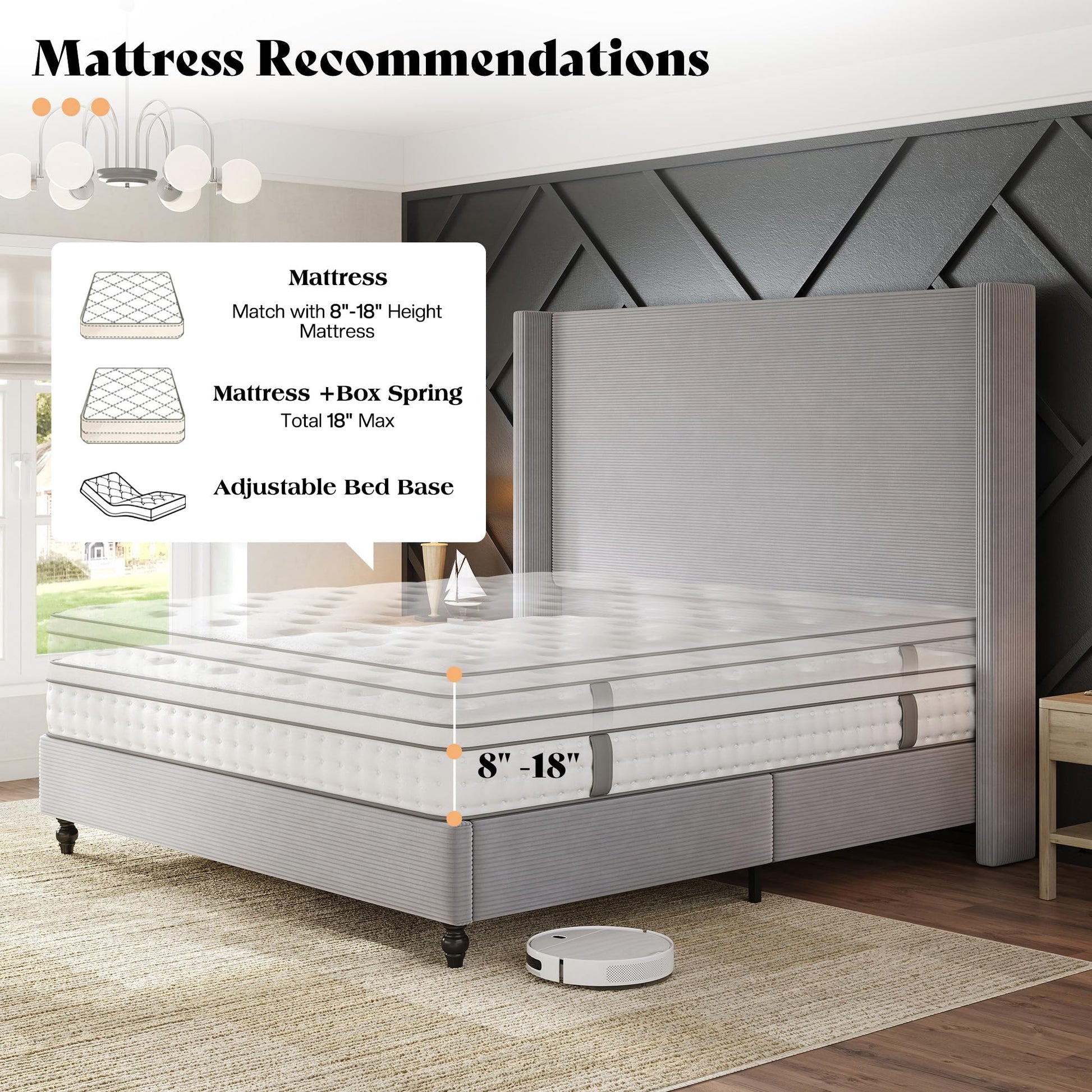 Cordelle Corduroy Wingback Bed Frame-Queen-Light Grey