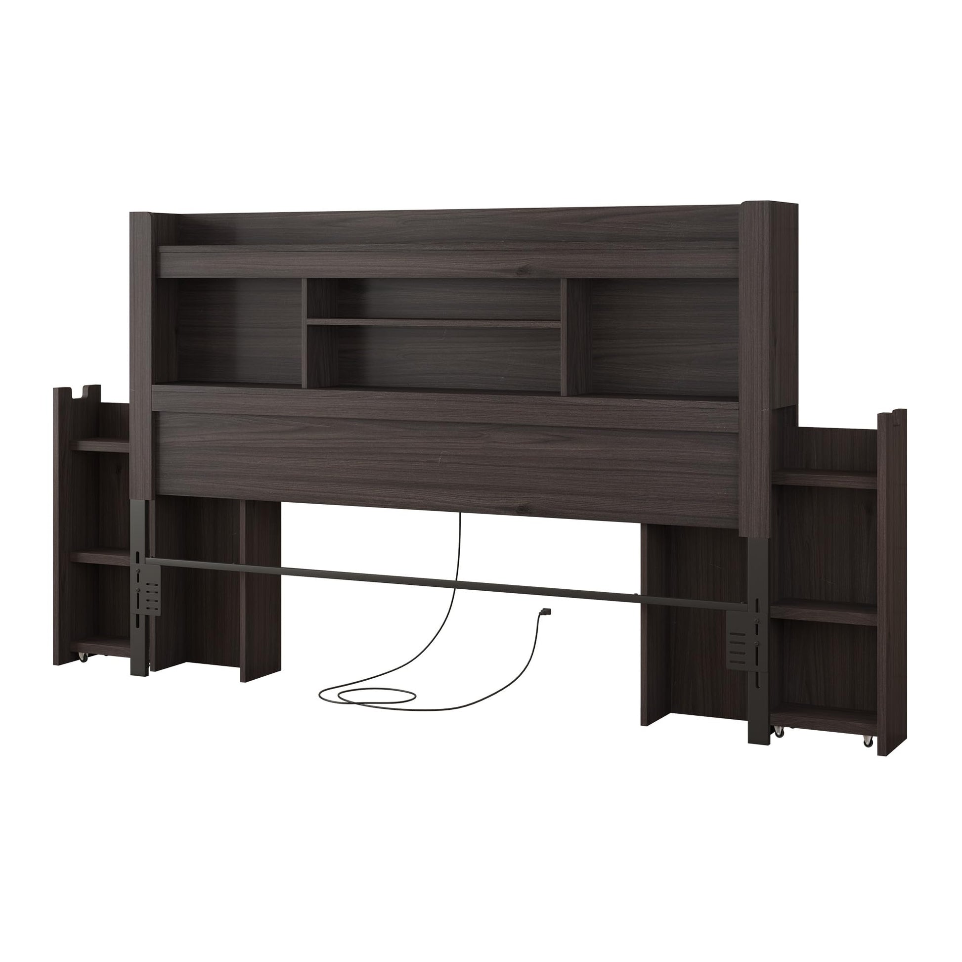 Farmhouse King Headboard with Storage & LED Lighting-Black Oak-King