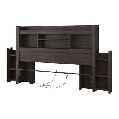 Farmhouse King Headboard with Storage & LED Lighting-Black Oak-King