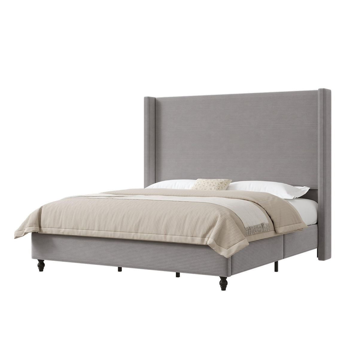 Cordelle Corduroy Wingback Bed Frame-Queen-Light Grey