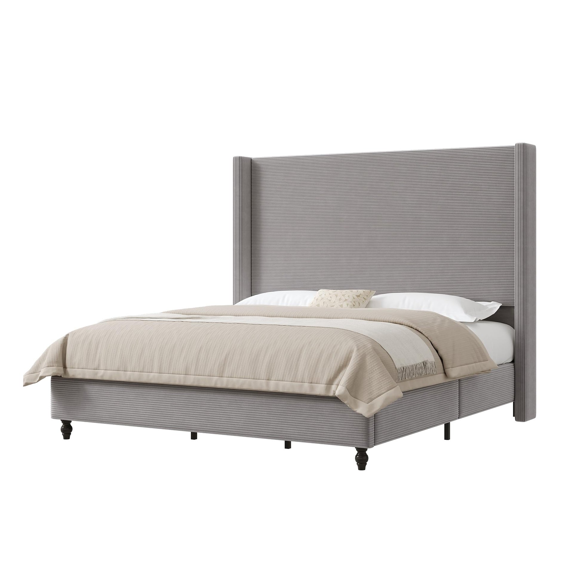 Cordelle Corduroy Wingback Bed Frame-Queen-Light Grey